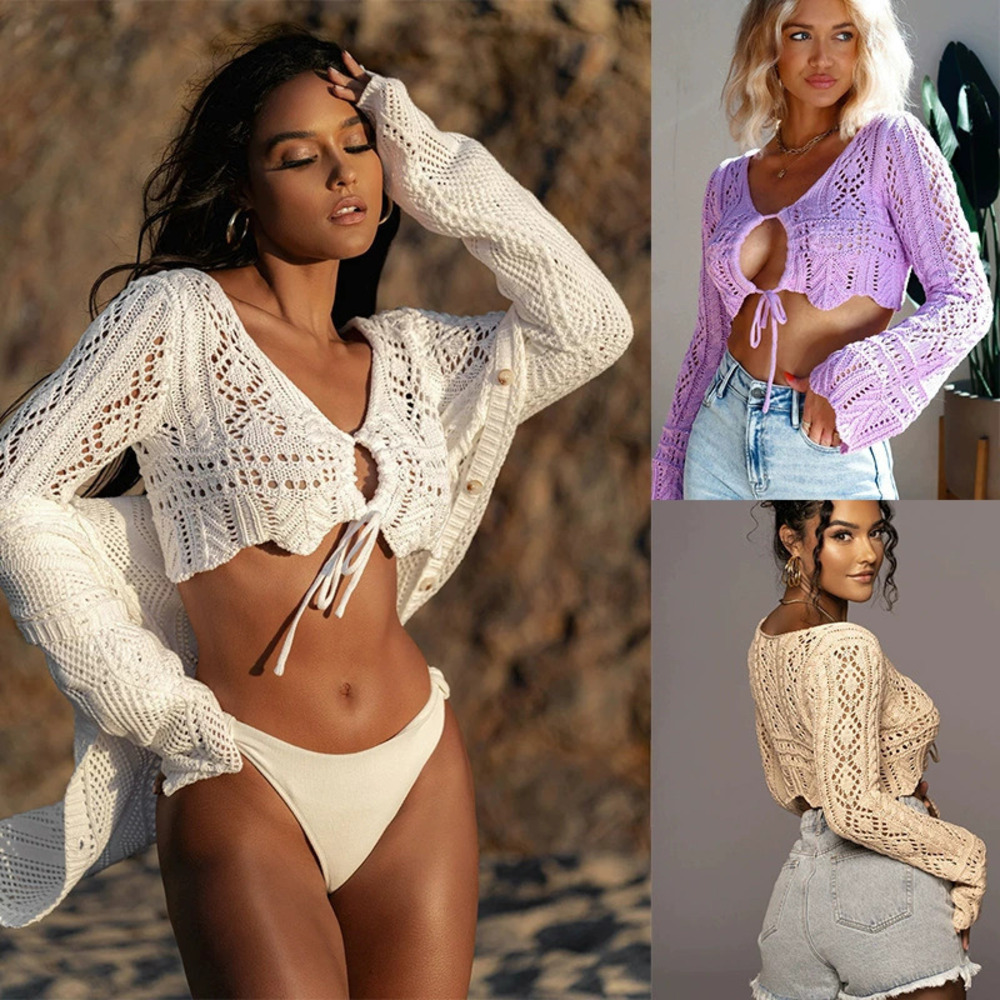 Zara Summer Long Sleeve Knit Beach Cover Up Solid Slim Fit